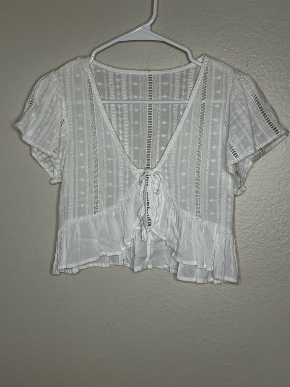 White Cropped Tie-Front Lace Detail Top